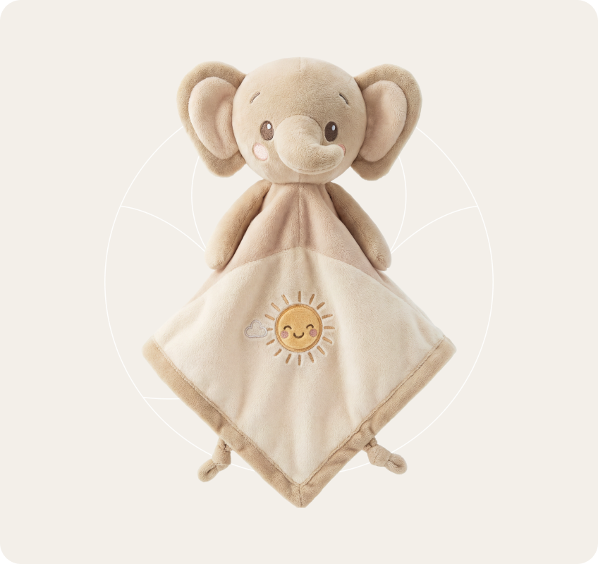 Sunny Elephant beige plush comforter with cream sun-emblem blanket