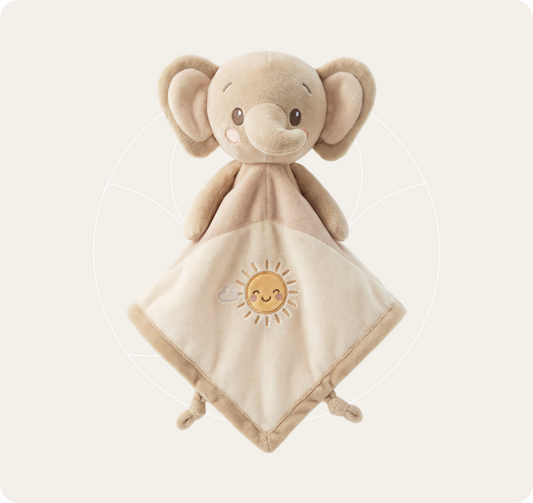 Sunny Elephant beige plush comforter with cream sun-emblem blanket
