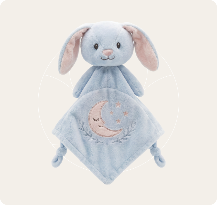 Moon Bunny blue plush comforter with embroidered moon and star blanket