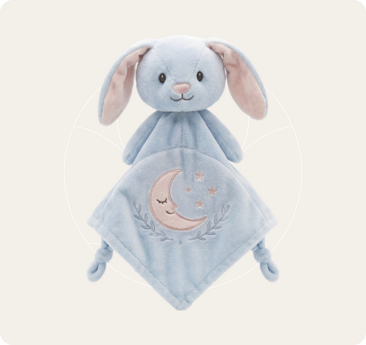 Moon Bunny blue plush comforter with embroidered moon and star blanket